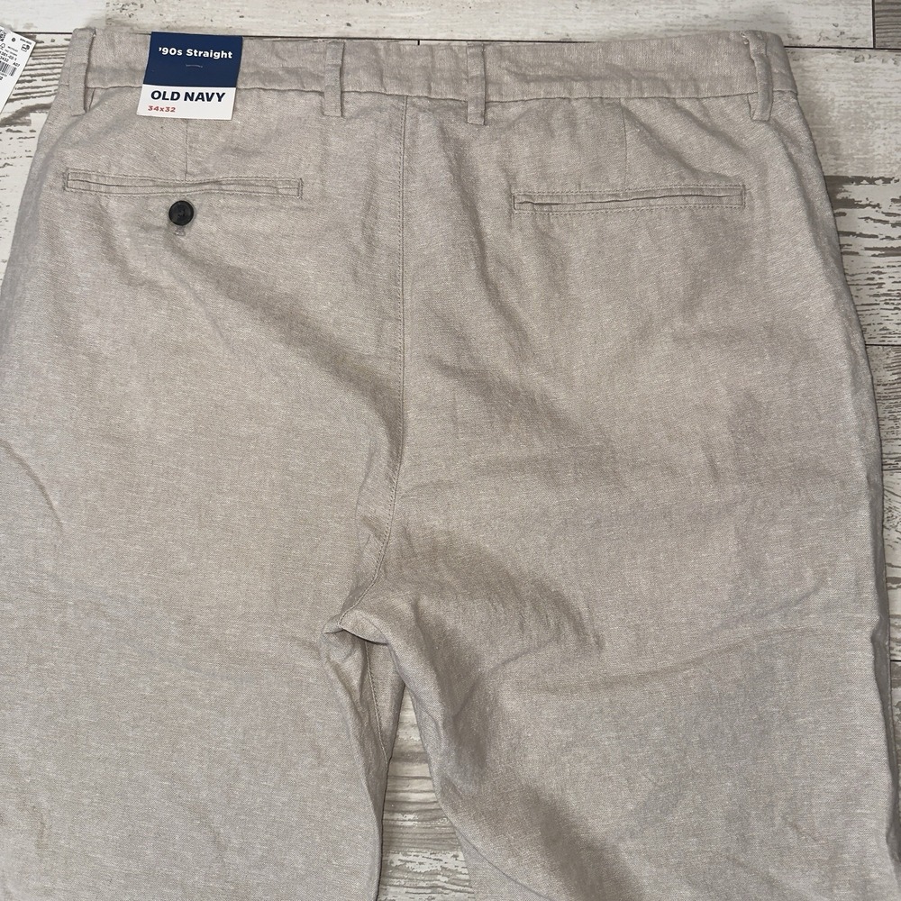 Old Navy Pants Mens 34x32 Beige 90s Straight Linen Blend Chino New Flat Front - Picture 11 of 12